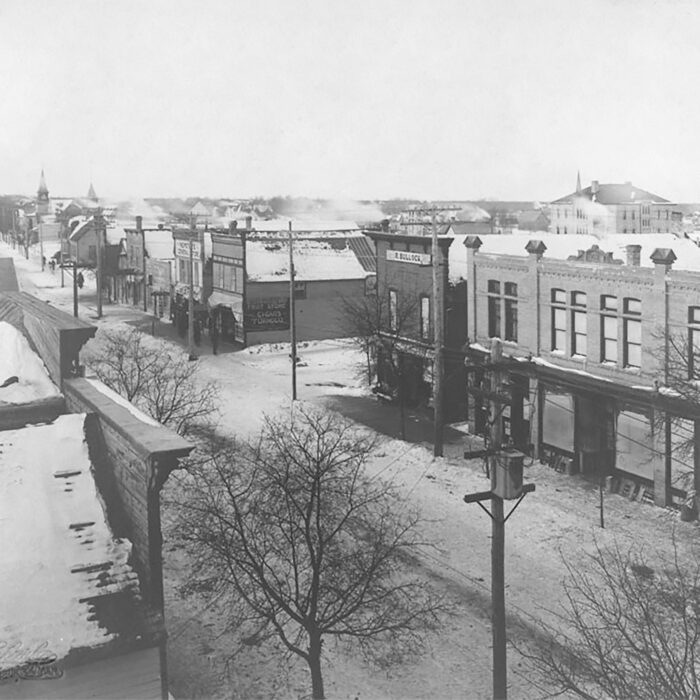 Eveline Street Looking South from Manitoba Ave, c1905, JFC Charles, Library and National Archives of Canada Black and white aerial photo of Manitoba Ave