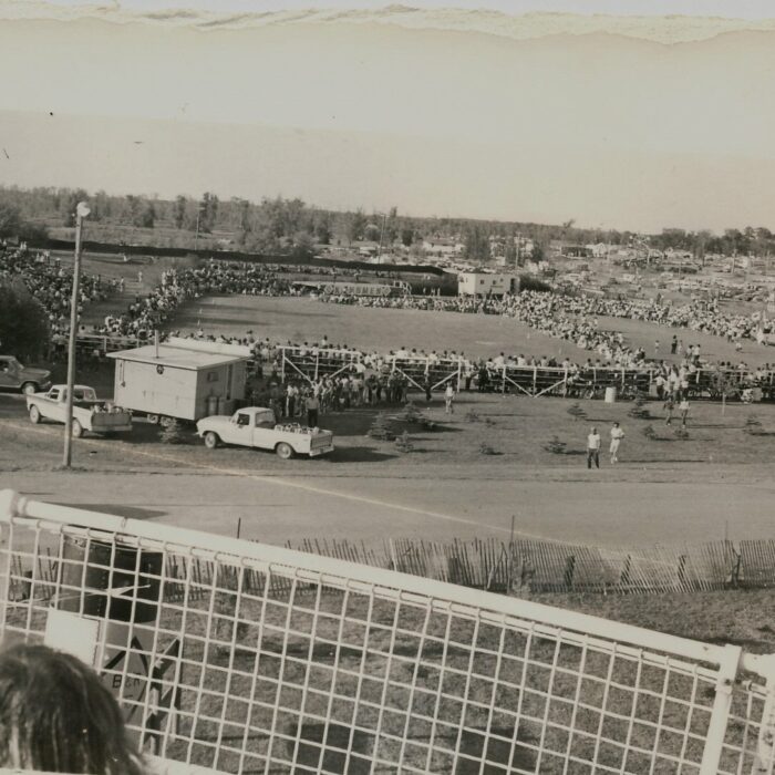 Fair Grounds Taken from Keenora Deck, Late 1980s, source unknown Black and white photo of the fair and rodeo grounds, there is lots of people.