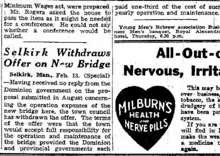 Newspaper article about Selkirk withdrawing their offer on the new Selkirk Lift Bridge.