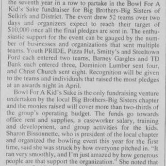 Bowl For A Kid's Sake, 1995, Selkirk Journal Newspaper article for a fundraiser called "Bowling for a Kid's Sake" which raised $10,000 for Big Brothers Big Sisters.