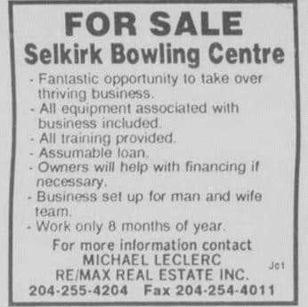 For Sale Selkirk Bowling Centre, 1991, Selkirk Journal Selkirk Bowling Center for sale advertisement