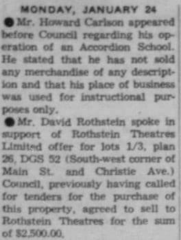 Newspaper article about the purchasing of land for a new theatre.