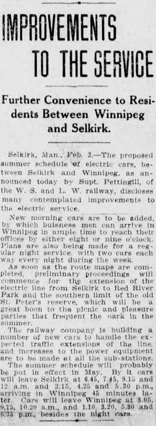 Newspaper article about the improvements in transportation from Winnipeg to Selkirk.