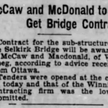 McCaw and McDonald Get Bridge Contract, 1935, Winnipeg Tribune Newspaper article titled McCaw and McDonald to get bridge contract