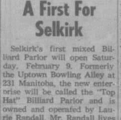 Top Hat Billiards A First For Selkirk, 1963, Selkirk Enterprise Newspaper article for the opening of Top Hat Billiards A First For Selkirk