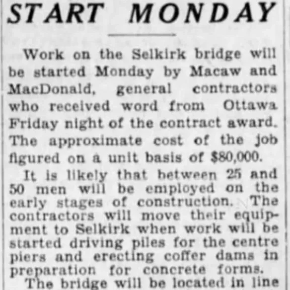 Work on Bridge at Selkirk to Start Monday, 1935, Winnipeg Tribune Newspaper article titled work on bridge at Selkirk to start monday