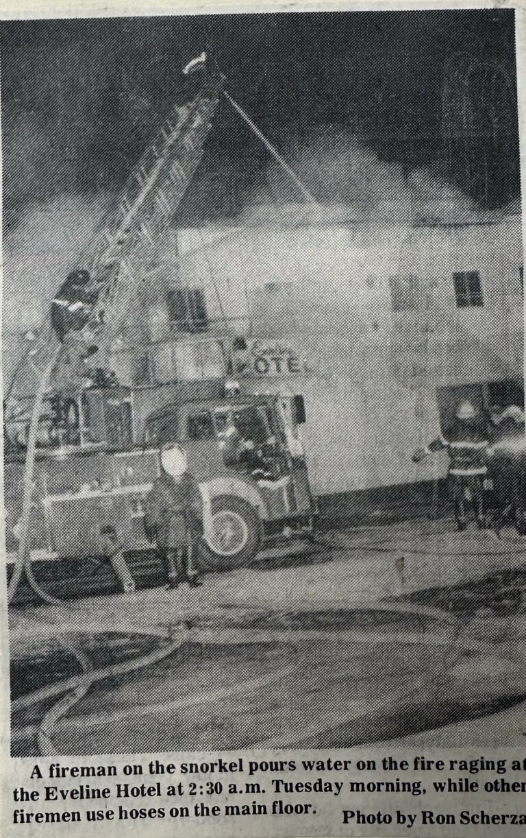 Fire trucks infront of the Eveline Hotel during the Eveline Hotel Fire in 1970