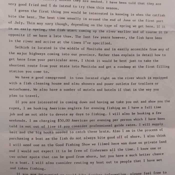 Typed letter written by Chuck Norquay advising best ways to catch catfish