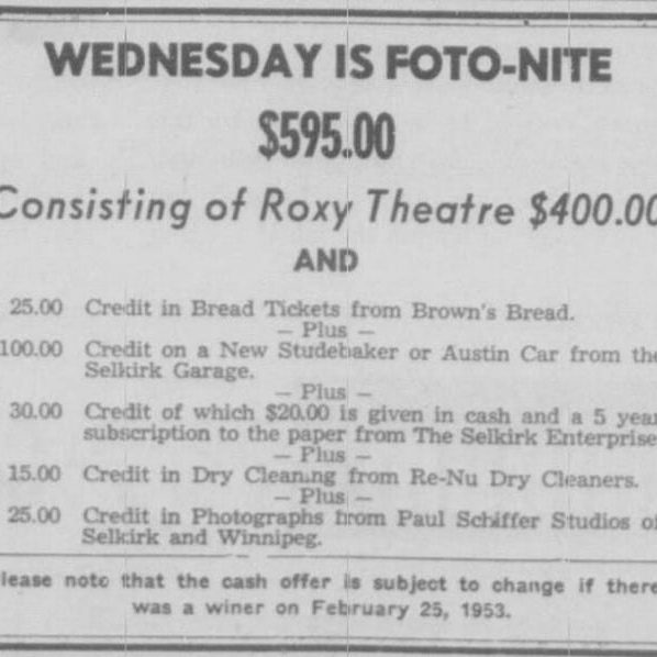 Wednesday is Foto Nite, February 26 1953, Selkirk Enterprise Newspaper Ad for Foto-Nite