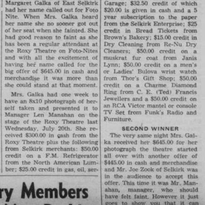 Foto Nite Winner Faints, July 17 1955, Selkirk Enterprise Article about a Foto-Nite winner who fainted after they won their prize