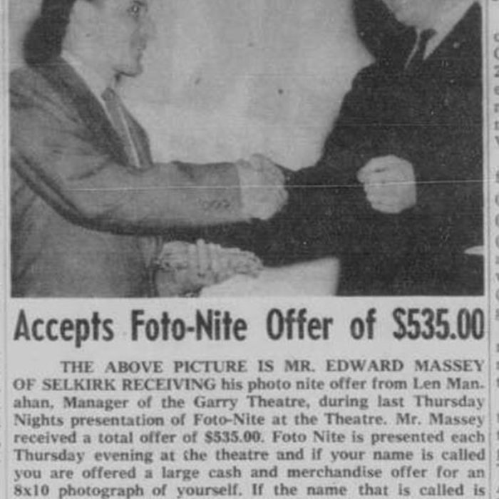 Accepts Foto Nite Offer, May 4 1960, Selkirk Enterprise Newspaper article of Foto-Nite winner