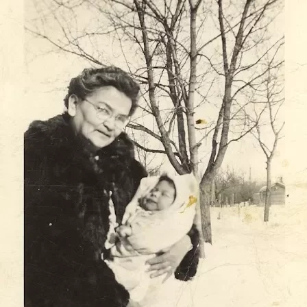 Grandmom Jessi with Sister, Bonnie, 1947, Source Unknown Black and white portrait of Jessi Langois holding a baby