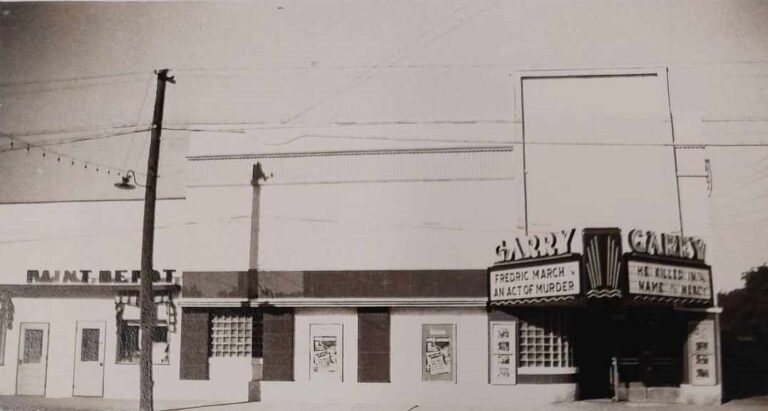 Black and white photo of the front of the Garry theatre