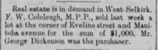 Newspaper article for the The sale of land to Dickenson for livery business.