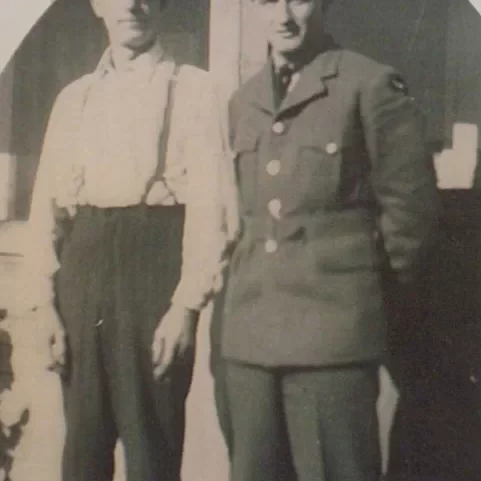 Granddad Peter and Uncle Ted on Leave for a Visit, WWI Date Unknown, Jock Langlois Black and white portrait of Peter and Ted Langois