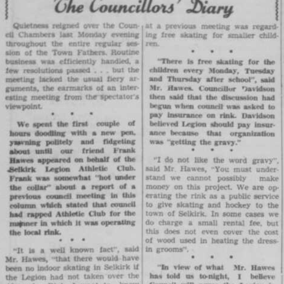 Newspaper article titled Hi-lites from the Councillors' Diary highlighting free skating and a discussion on who should carry the insurance, the town or the legion.