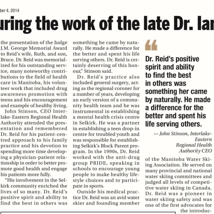 Full page of text from a newspaper with the Headline Reading "Honouring the Work of the Late Dr. Ian Reid".