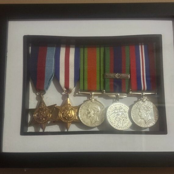 Jack Laye Medals, 1942-1945, Glen Laye Colour photo of five medals in a frame