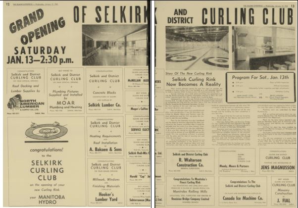 Two page ad and article titled "Grand Opening of Selkirk and District Curling Club"
