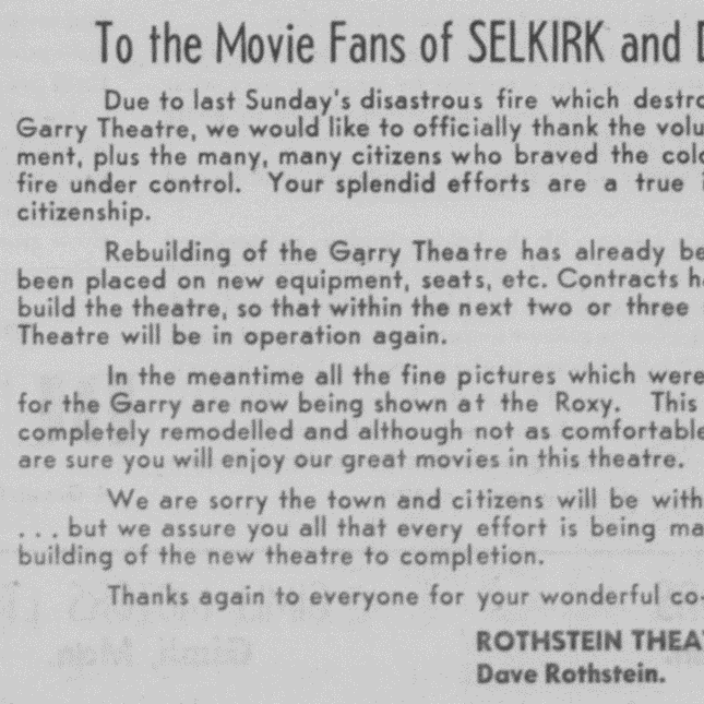 Printed paper announcing the destruction of the Garry theatre caused by a storm, and the plans for remodelling