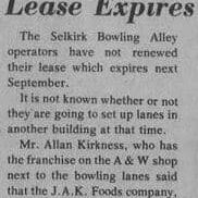 Bowling Alley Lease Expires, 1976, Selkirk Enterprise Newspaper article about the lease expiring at the Selkirk Bowling Alley