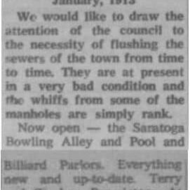 Now Open the Saratoga Bowling Alley and Pool and Billiard Parlors (Quoting a Story from 1913), 1963, Selkirk Enterprise In January 1913 there was a new article about the Saratoga Bowling Alley and Pool and Billiard Parlors opening at the rear of Lisgar House