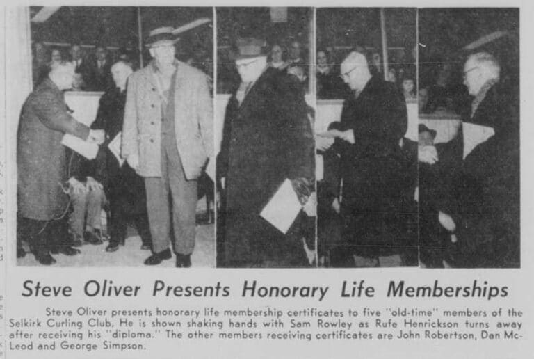 Steve Oliver presenting Honorary Life Memberships to five "Old Time" Members of the Selkirk Curling Club.