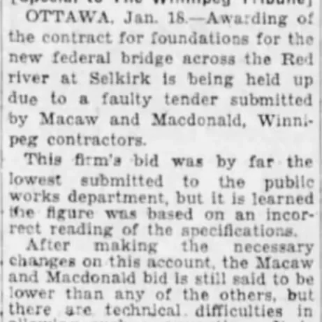 Faulty Tender Delays Selkirk Bridge Contract, 1935, Winnipeg Tribune Newspaper article titled faulty tender delays Selkirk bridge contract