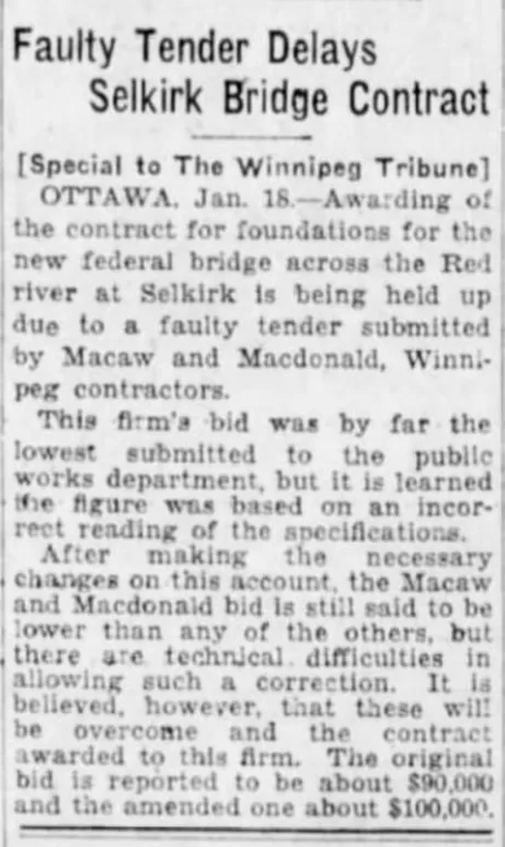 Faulty Tender Delays Selkirk Bridge Contract, 1935, Winnipeg Tribune