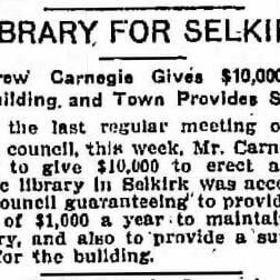 Selkirk Library January 21, 1908 Winnipeg Free Press Article about a donation of $10,000 to Selkirk for a library