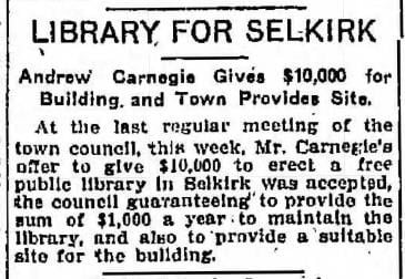 Article about a donation of $10,000 to Selkirk for a library