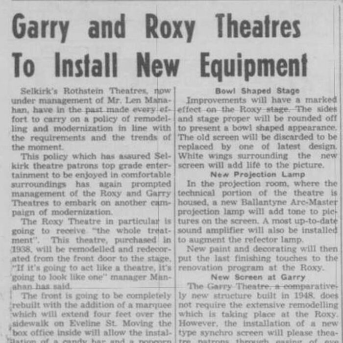 Newspaper article that lists the new equipment being added to Garry and Roxy theatres