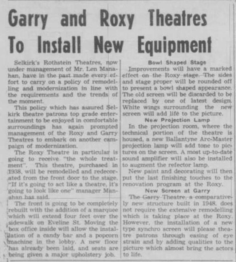 Newspaper article that lists the new equipment being added to Garry and Roxy theatres