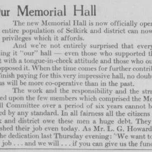 Newpaper article explaining that Memorial Hall is now opened and that everyone in Selkirk has the right to enjoy it.