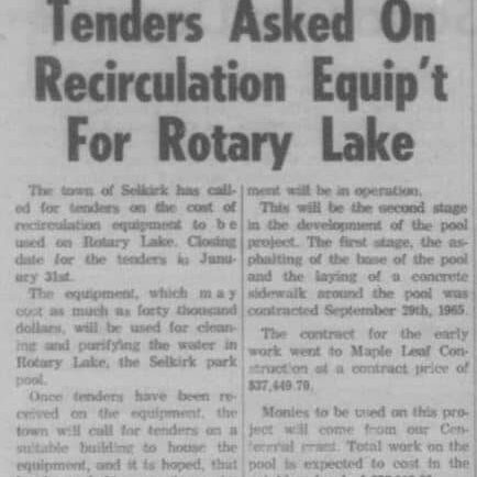 Tenders Asked On Recirculation Equip't For Rotary Lake, 1966, Selkirk Enterprise Newspaper article asking for re-circulation equipment to be used at Rotary Lake