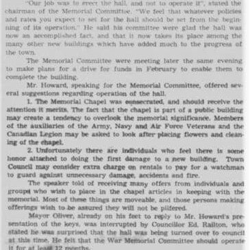 Newspaper article explaining how the keys to Memorial Hall were turned over to the Town of Selkirk.