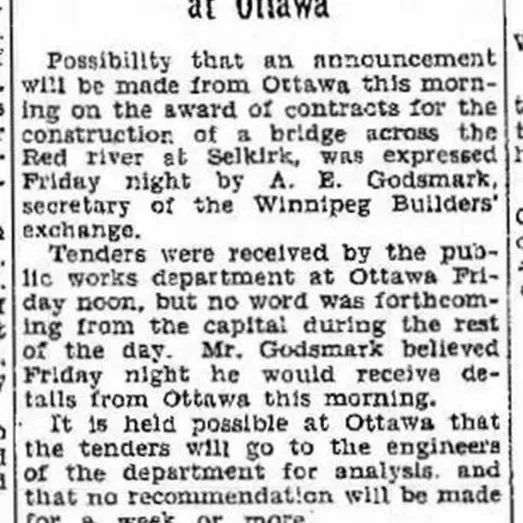 Word on Selkirk Bridge Tenders Expected Today, 1935, Winnipeg Tribune Newspaper article titled word on Selkirk bridge tenders expected today