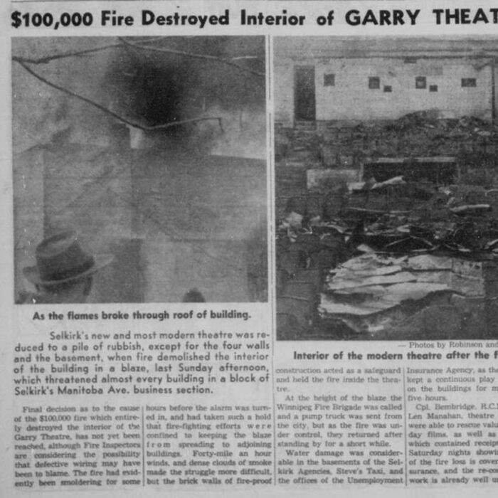Newspaper article with photos of the destroyed Garry theatre in a fire