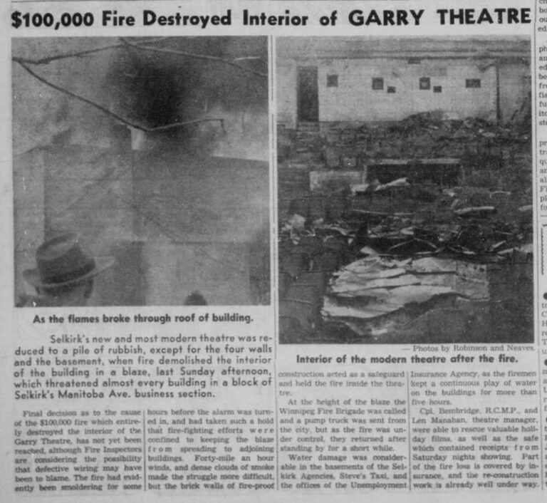 Newspaper article with photos of the destroyed Garry theatre in a fire