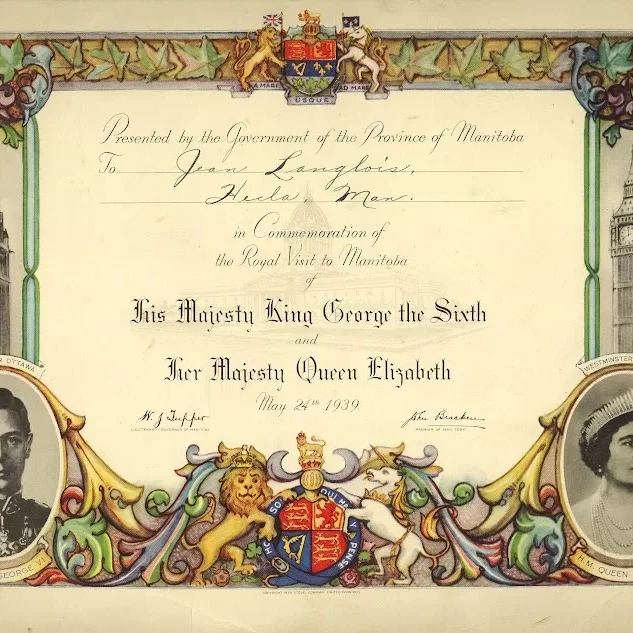 Jean Langlois Certificate, 1939, Jock Langlois Printed certificate dedicated to Jean Langois