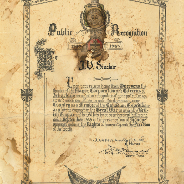 John V. Sinclair Public Recognition Certificate, 1939-1945, Mae Gulewich Colour photo of a certificate