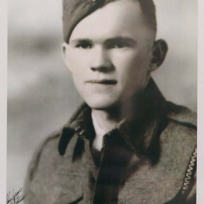 John V. Sinclair, c1942-1945, Mae Gulewich Black and white photo of a man in military uniform