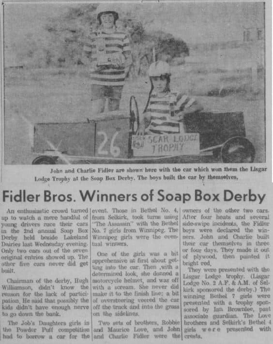 Fidler Bros. Winning the soap box car derby.