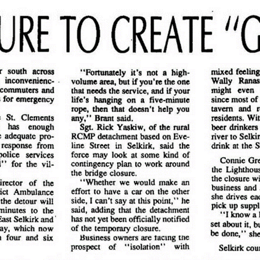 Bridge Closure to Create "Ghost Town", 1991, Stonewall - Interlake Spectator Newspaper article titled bridge closure to create a ghost town