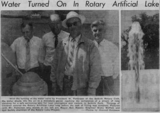 Newspaper article talking about the water turning on at Rotary lake