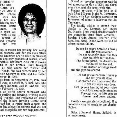 Edith "Irene" Josefchuk Obituary, 2002, Winnipeg Free Press Obituary of forming bowling alley owner Edith "Irene" Josefchuk
