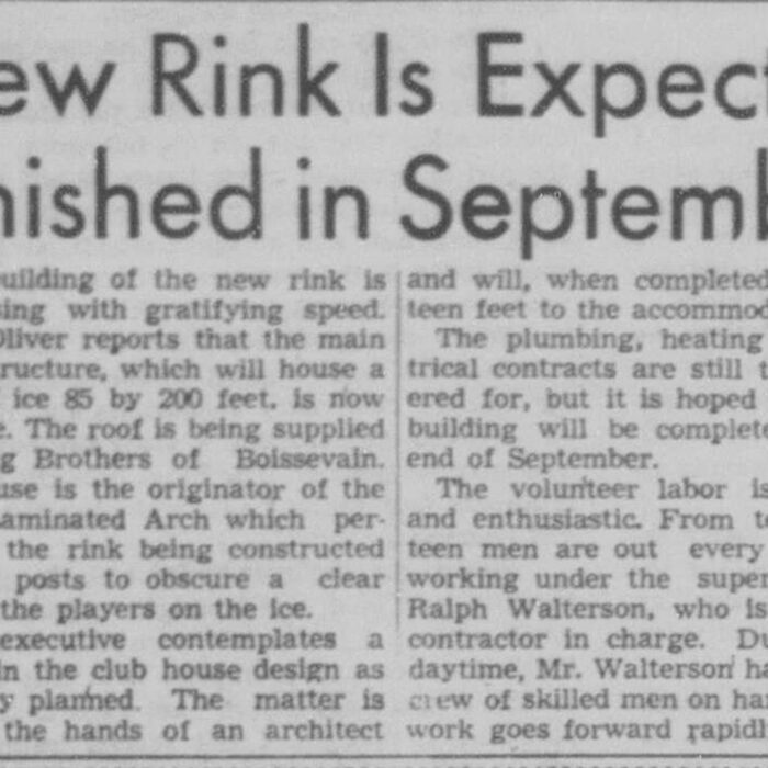 New Rink Is Expected Finished in September, 1949, Selkirk Enterprise Newspaper article about expectations for rink to be finished