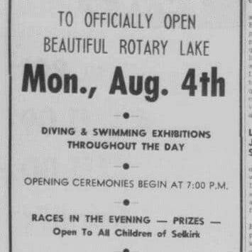 Rotary Day, 1958, Selkirk Enterprise Rotary Lake revised opening day advertisement.