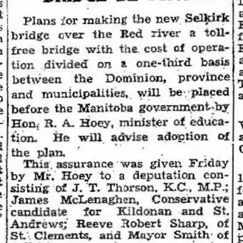 Hoey to Urge Toll System for Selkirk Bridge to be Dropped, 1936, Winnipeg Free Press Newspaper article titled Hoey to urge toll system for Selkirk bridge be dropped