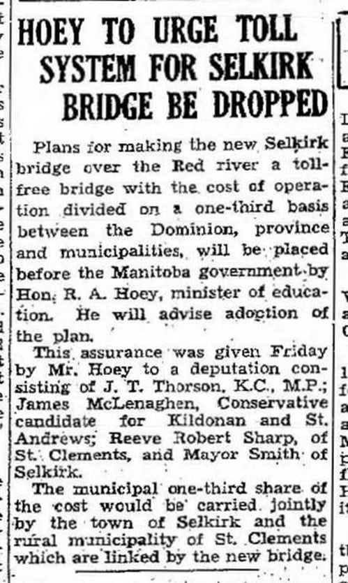 Newspaper article about the idea of having toll system on the bridge being dropped.